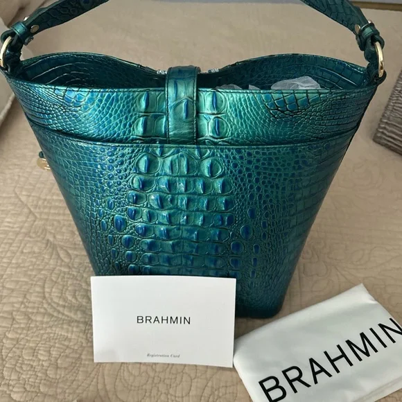 - Brahmin Shira Peacock shimmer teal black accent shoulder bag BRAND NEW